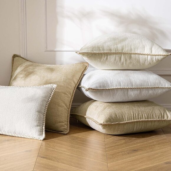 Pack of 2 Cream White Chenille Throw Pillow Covers 20x20 Farmhouse Stitched Edge - Picture 6 of 6